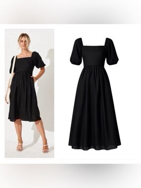 Boden Sky Smocked 100% Linen Midi Dress Size 8 Milkmaid Cottage Euro Summer New